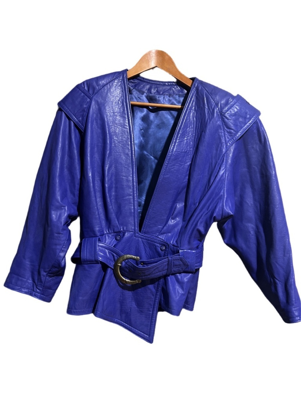 Vintage 80 Women's Blue Leather Belted Jacket Size 9/10